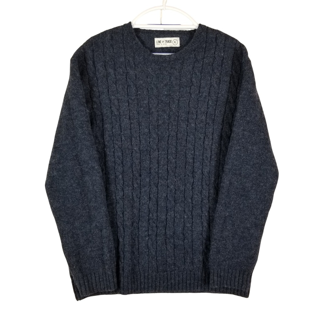 Line of Trade Sweater Men XL Gray 100% Shetland Wool Cable Knit Crew‎ Pullover